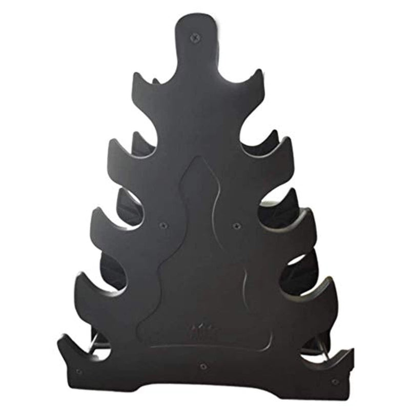 Laad afbeelding in Galerijviewer, Zwart metalen standaard met meerdere sleuven ontworpen voor het opbergen van 5-laags dumbbellrek, met een boomachtig silhouetontwerp.
