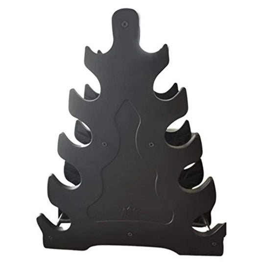 Zwart metalen standaard met meerdere sleuven ontworpen voor het opbergen van 5-laags dumbbellrek, met een boomachtig silhouetontwerp.