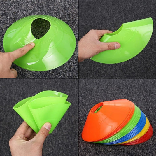 Vier afbeeldingen van een groene flexibele plastic trechter gemaakt van Transformeer je spel met onze trainingshoedjes van duurzaam PE: geheel, met de hand gebogen, meerdere trechters gestapeld, en een stapel verschillende gekleurde trechters.