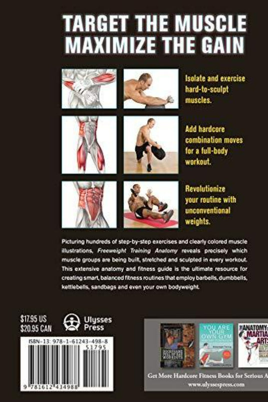 Een advertentie voor 'Freeweight Training Anatomy', waarin krachttraining en oefentechnieken worden belicht om moeilijk te bereiken spieren vorm te geven met stapsgewijze handleidingen en illustraties.