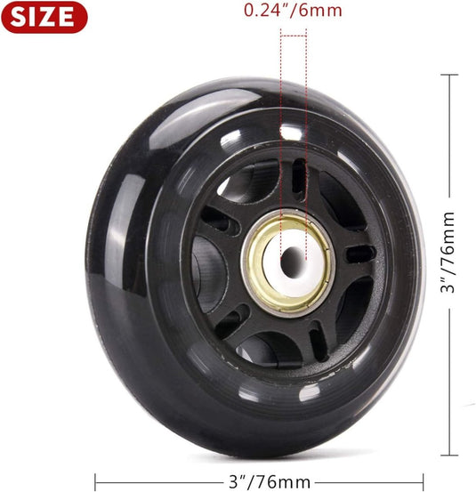 Zwart inline skatewiel met 84A hardheid en weergegeven afmetingen: diameter van 76 mm en dikte van 6,0 mm, geïsoleerd op een witte achtergrond.