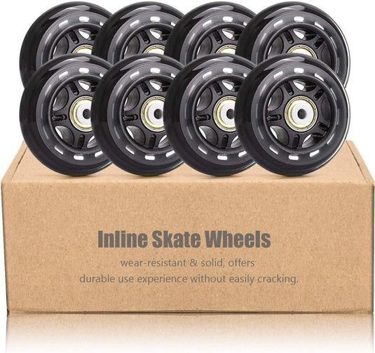 Een doos met 76 mm skatewielen 84A hardheid skateboardwielen, gelabeld als duurzaam en gemaakt van slijtvast urethaan, netjes gerangschikt, met vier zichtbare wielen gestapeld.