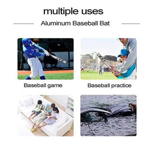 Vierdelige afbeelding die de veelzijdigheid van de Aluminium honkbalknuppel laat zien: in een honkbalwedstrijd, tijdens oef