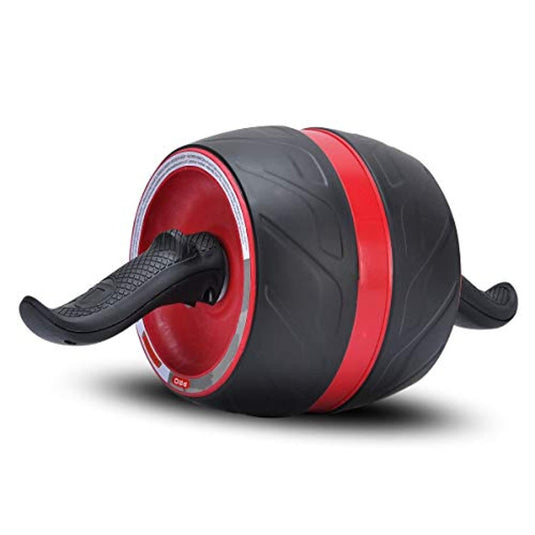Een Ontdek de ab-roller met zwarte rubberen banden en rode details op een witte achtergrond.
