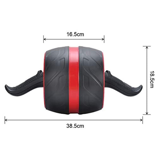 Een rode en zwarte ab-roller met maatmarkeringen: 38,5 cm totale breedte, 16,5 cm wielbreedte en 18 cm handvatlengte.