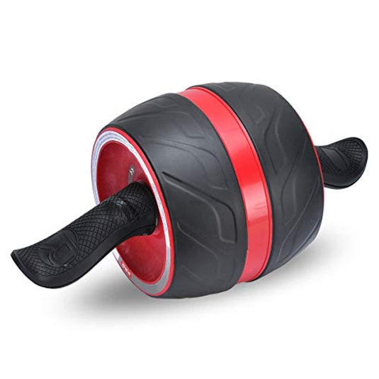 Een rood-zwarte Ontdek de ab-roller met ergonomische handgrepen, zijwaarts liggend.