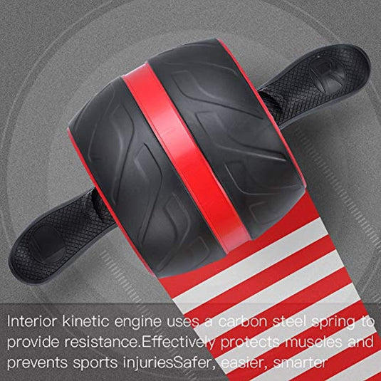 Een Ontdek de ab-roller met een rode en witte streep op een grijze achtergrond, met ergonomische handgrepen en een gedetailleerde beschrijving van het koolstofstalen veermechanisme.