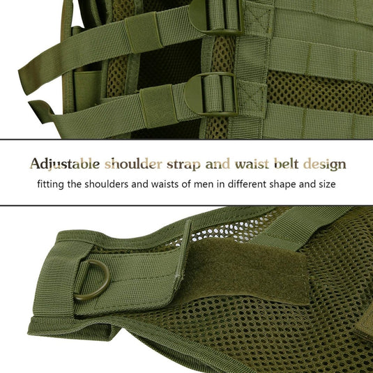 Close-up van een groen tactisch vest gemaakt van 600D polyester, waarbij de verstelbare schouderband en het ontwerp van de tailleband benadrukt worden.