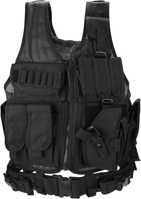 Zwart 600D polyester tactisch vest: de ultieme uitrusting voor elke missie met meerdere zakjes en een holster.