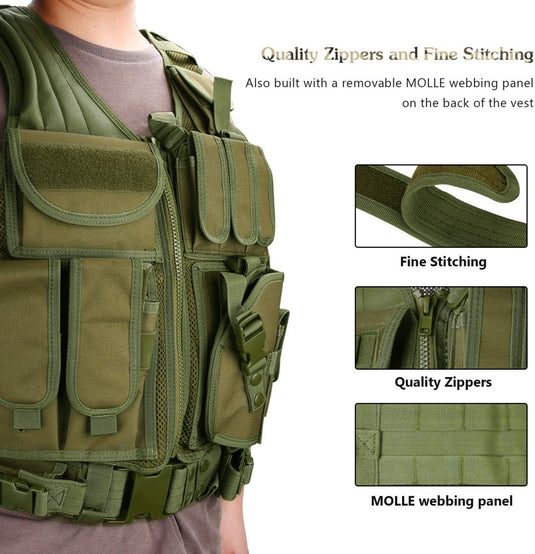 Man met een groen tactisch vest: de ultieme uitrusting voor elke missie, gemaakt van 600D polyester, met nadruk op de kenmerken zoals ritsen, fijne stiksels en molle-bandpaneel.