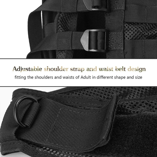 Close-up van het tactische vest: de ultieme uitrusting voor elke missie, gemaakt van 600D polyester, met verstelbare schouderbanden en heupriem, wat het aanpassingsvermogen voor verschillende volwassen maten en vormen benadrukt.