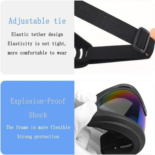 Kenmerken van skibrillen: verstelbare elastische band voor comfort, explosiebestendig ontwerp voor betere bescherming en UV-bestendig voor bescherming onder alle weersomstandigheden.