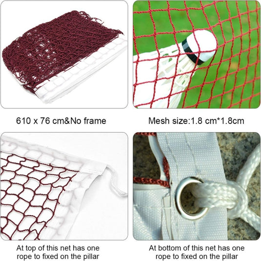 Afbeelding met vier panelen met details van een Verbeter je badmintonspel met het gebruikelijke badmintonnet: volledig opgevouwen net, maaswijdte, bevestiging aan de boven- en onderkant aan een pilaar.