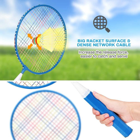 Een promotieafbeelding waarin de kenmerken van een draagbare badmintonset voor kinderen worden benadrukt met een groot slagoppervlak en een dicht snarenpatroon voor verbeterde prestaties.