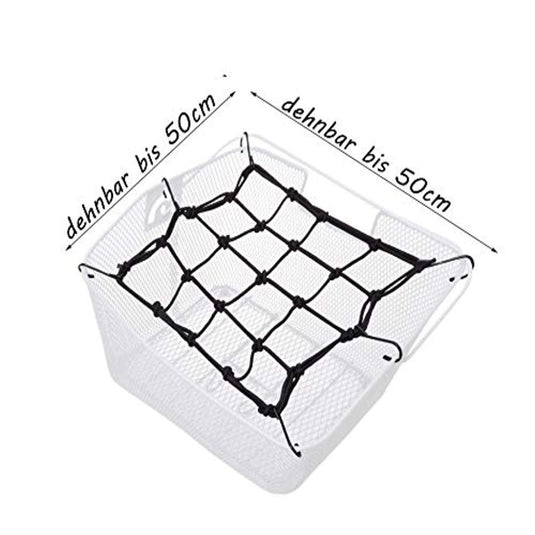 Een duurzaam zwart elastisch net strekt zich uit over een witte draadmand, verstelbaar tot 50 cm, ideaal voor georganiseerd fietsen met ons