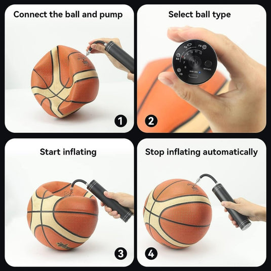 Instructies voor het gebruik van opblaasgemak met intelligentie om een basketbal op te blazen: sluit de pomp aan op de bal, selecteer het type bal, begin met.