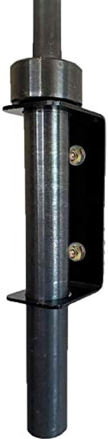 Een verticale stalen paal met een zwarte montagebeugel in het midden, met twee zichtbare schroeven voor **gewichten rek voor halteropslag**.