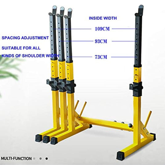 Verstelbaar geel en zwart Squat rack voor krachttraining met verschillende hoogtes en breedtes, gedetailleerd met afmetingen.