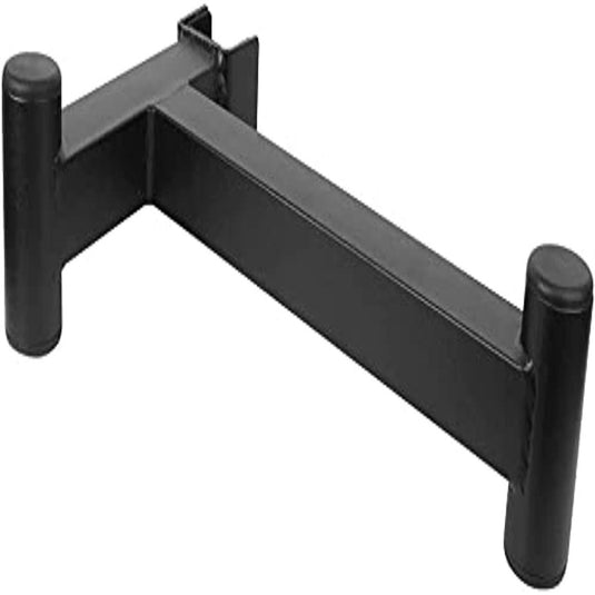 Zwart metalen monitorstandaard voor twee monitoren met stalen Barbell-minibarsteunen aan elk uiteinde.