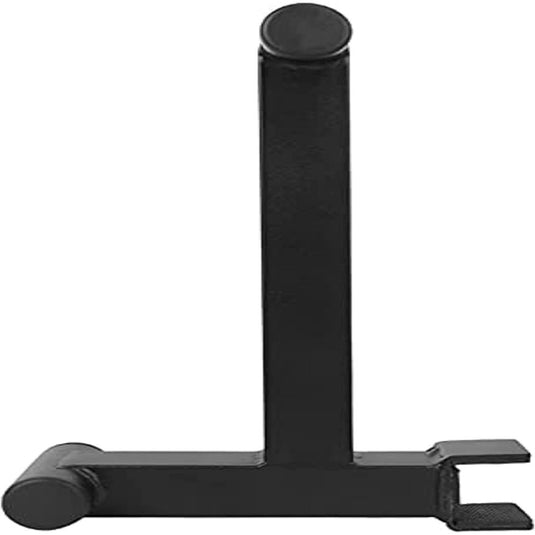 Zwarte, verticale, op een bureau gemonteerde headsethouder met een platte basis en stalen Barbell-minibar-tips.