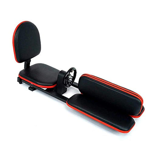 Zwart-rode gamingstoel in racestijl met stuurwielbevestiging en Ontketen je flexibiliteit met de heavy duty beenspreider - Ultieme split-training, geïsoleerd op een witte achtergrond.