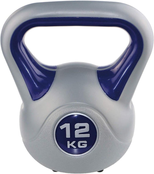 Een grijs en blauw 12 kg Bereik je fitnessdoelen in stijl met onze kleurrijke kettlebells! met afgerond handvat, ideaal voor full-body training.