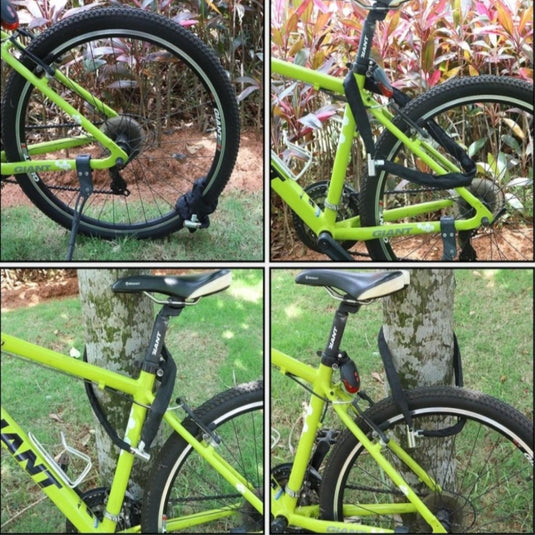 Een collage van vier afbeeldingen van een groene fiets die aan een boom is vastgemaakt met een waterdichte Bescherm je fiets tegen diefstal met het hoogwaardige fietskettingslot, zodanig dat het losse voorwiel is vastgezet, maar de rest van de fiets wel.