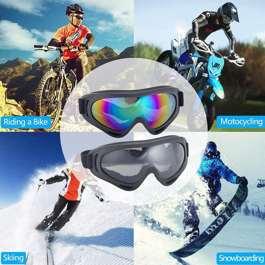 Een collage waarin verschillende sporten worden getoond: mountainbiken, motorrijden, skiën en snowboarden, met de nadruk op UV-bestendige sneeuwbril.