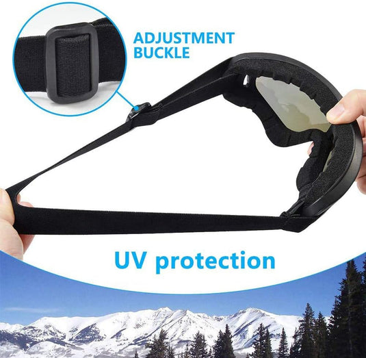 Een hand die een paar Bescherm je ogen en geniet van de wintersport met deze hoogwaardige sneeuwbril vasthoudt met een "adjustment gesp"-label en "uv-bestendig" kenmerk, met een besneeuwd berglandschap op de achtergrond.