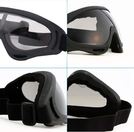 Vier close-ups van verschillende delen zwarte UV-bestendige sneeuwbril tegen een witte achtergrond.
Productnaam: Bescherm je ogen en geniet van de wintersport met deze hoogwaardige sneeuwbril