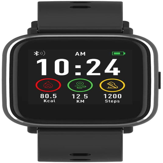 Een zwarte Ontdek de veelzijdige Bluetooth Smartwatch die de tijd, verbrande calorieën, afgelegde afstand en aantal stappen op het scherm weergeeft.