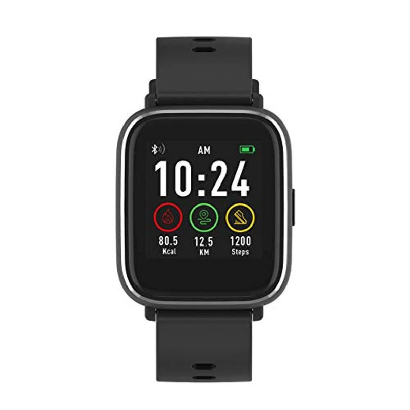Laad afbeelding in Galerijviewer, Een Ontdek de veelzijdige Bluetooth Smartwatch die de tijd, het aantal calorieën, de afstand en het aantal stappen weergeeft op een zwarte achtergrond.
