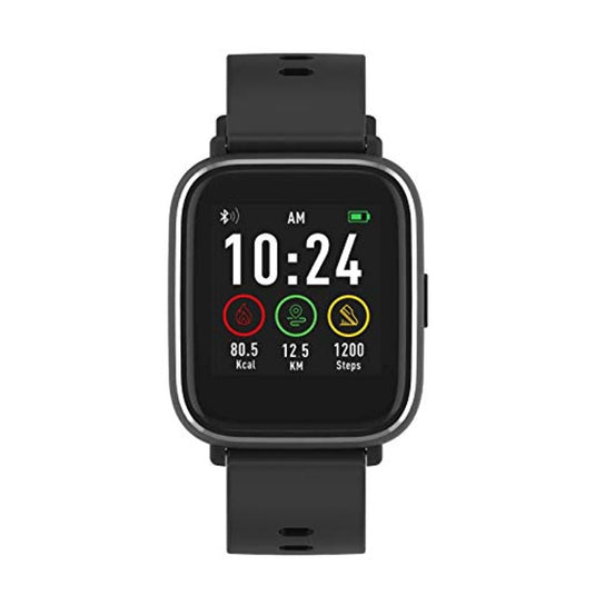 Een Ontdek de veelzijdige Bluetooth Smartwatch die de tijd, het aantal calorieën, de afstand en het aantal stappen weergeeft op een zwarte achtergrond.