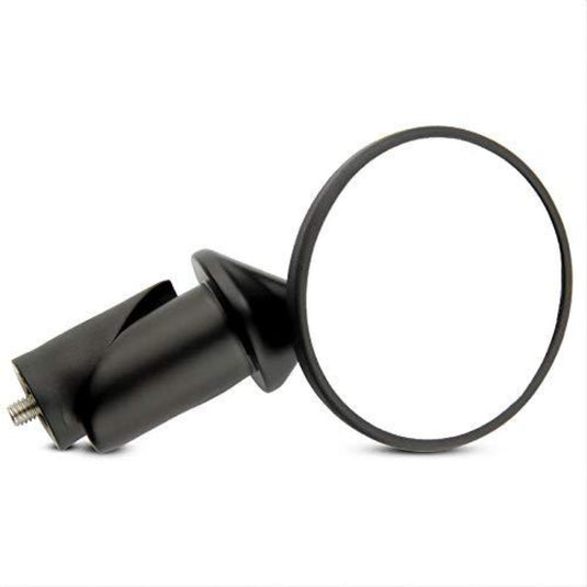 Een zwarte, cirkelvormige BM-45 stuureinde fietsspiegel losgemaakt van zijn bevestiging, gekanteld om het zijaanzicht te tonen, tegen een witte achtergrond.