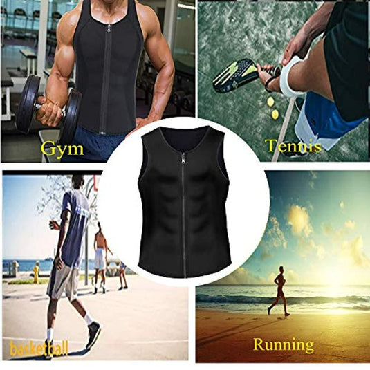 Collage van vier afbeeldingen van individuen die verschillende sportactiviteiten beoefenen (gym, tennis, basketbal, hardlopen) waarbij reclame wordt gemaakt voor een zwart 'Ontdek het geheim van een slank en strak lichaam met ons zweetvest' voor sportkleding.