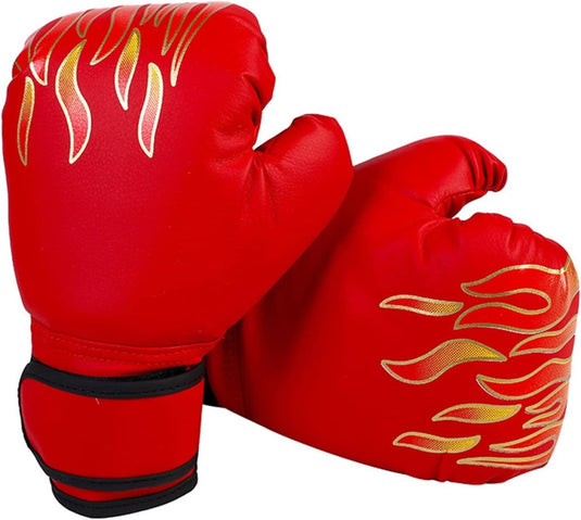 Een paar rode Bokshandschoenen voor kinderen met vlamontwerpen: de perfecte start voor een succesvolle bokscarrière.
