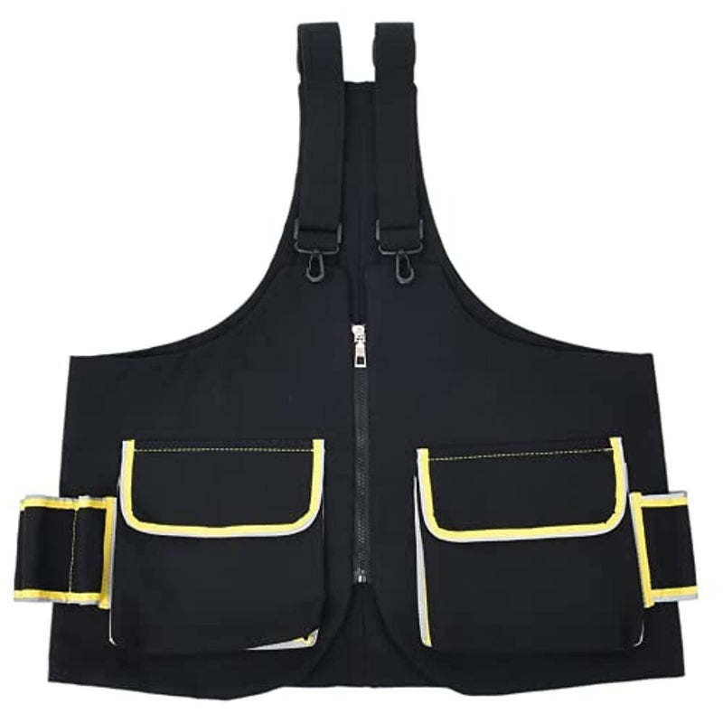 Laad afbeelding in Galerijviewer, Zwart gereedschapsvest met meerdere geel getrimde, Anti-diefstal borsttas voor fitnesszakken en verstelbare bandjes, weergegeven op een witte achtergrond.
