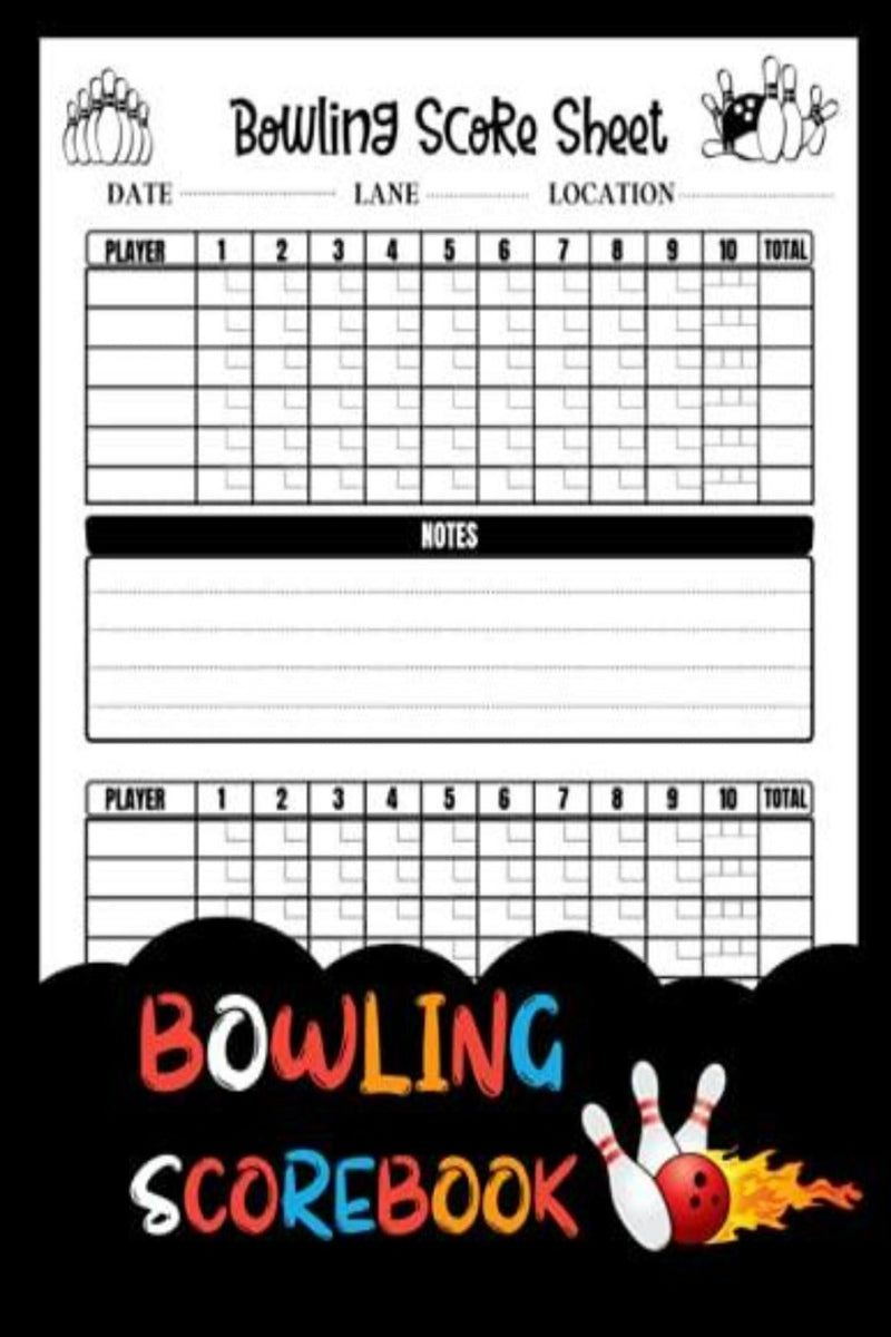 Laad afbeelding in Galerijviewer, Een geïllustreerde omslag van een bowlingscoreboek met een sjabloon Haal het beste uit je bowlingspel met onze professionele bowlingscorebladen voor spelers met secties voor namen, scores en aantekeningen, versierd met bowlingpinnen en een bewegende bal.
