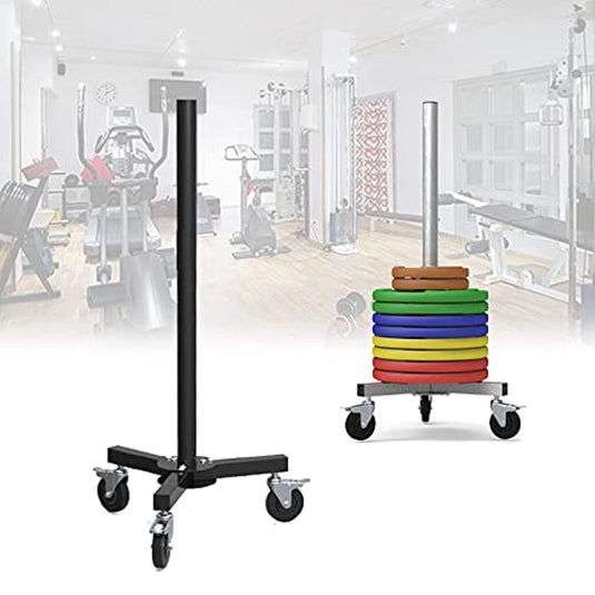 Een verticale De ideale opslagoplossing voor je haltertegengewichtplaten op wielen met meerdere kleurrijke halterschijven in een ruime sportschool.