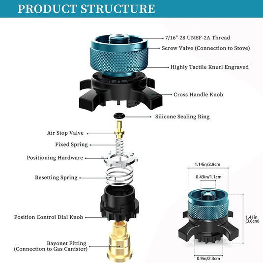 Exploded view diagram van een gasfles connector met functies zoals een gekartelde knop, kruisgreep, siliconen ring, kleppen, veren en bajonetsluiting. Perfect voor integratie met de Campingaz adapter: de ultieme manier om te koken tijdens je kampeeravonturen voor je kampeerfornuis opstelling. Afmetingen inbegrepen.