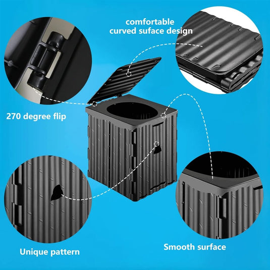 Illustratie met de kenmerken van een campingtoilet: de perfecte oplossing voor comfortabel toiletgebruik onderweg met een 270 graden klapdeksel, uniek patroon en glad oppervlakontwerp.