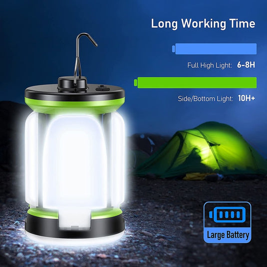 waterdichte en schokbestendige campinglamp voor buitenactiviteiten met verlengde batterijduur, verlicht in het donker naast een tent.