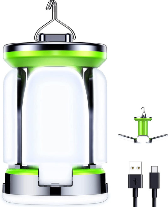De Waterdichte en schokbestendige campinglamp is een draagbare LED-lamp in groen en wit, met een ophanghaak, USB-opladen en opvouwbaar ontwerp voor ultiem gemak. Ideaal voor buitenavonturen!.