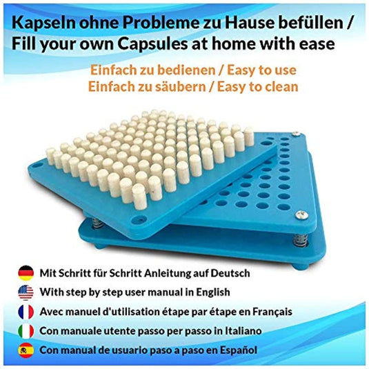 De Capsulevulmachine 0 toont capsules op hun plaats en is voorzien van labels in meerdere talen voor eenvoudig gebruik en eenvoudige reinigingsinstructies. Creëer je eigen capsules thuis met gemak dankzij dit universele apparaat.