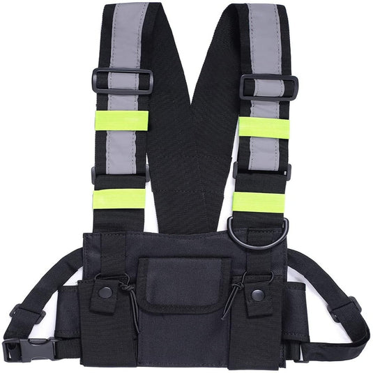 Zwart en gele Crossbody tas voor sport met reflecterende strips, bevestigde gereedschapszakken en waterafstotend materiaal.