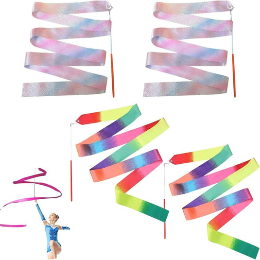 Een verzameling kleurrijke ritmische gymnastieklinten in verschillende poses, met op één afbeelding een turnster die een lint gebruikt uit de Dans als een echte prinses of fee met onze 4-delige danslintenset.