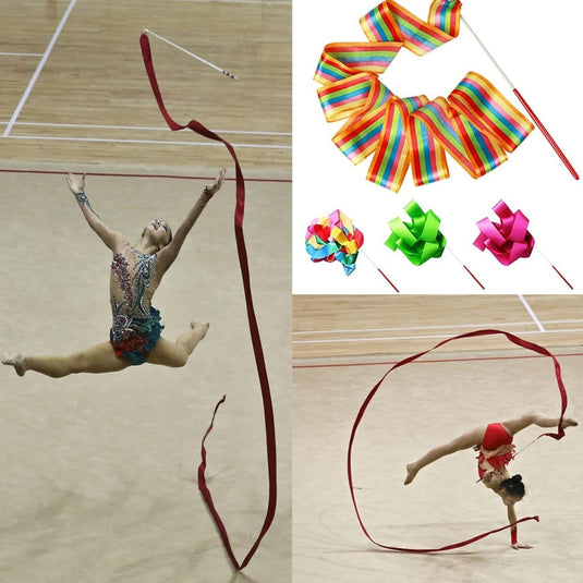 Een ritmische sportgymnastiek atleet voert een sprong uit met Danslinten, naast krachtige afbeeldingen van gymnastiek danslinten.
