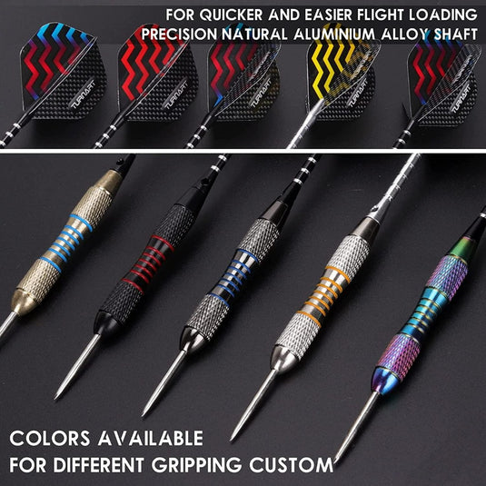 Een verscheidenheid aan gebogen dartpijlen-sets met kleurrijke aluminium schachten en optimale gripstijlen weergegeven tegen een zwarte achtergrond.