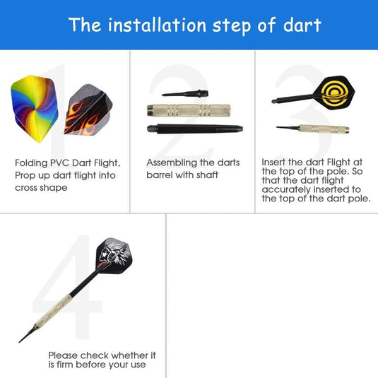 Illustratie die de installatiestappen van een Softtip dartpijlen-set weergeeft: het opvouwen van een PVC-dartflight, het monteren van de dartbarrel met as en het inbrengen van de dartpijlen in de dartpaal.