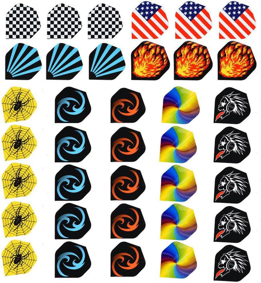 Een raster met verschillende ontwerpen van Softtip dartpijlensets, waaronder ruitpatronen, Amerikaanse vlaggen, vlammen, spinnenwebben, wervelingen en adelaarskoppen met een professioneel ontwerp.